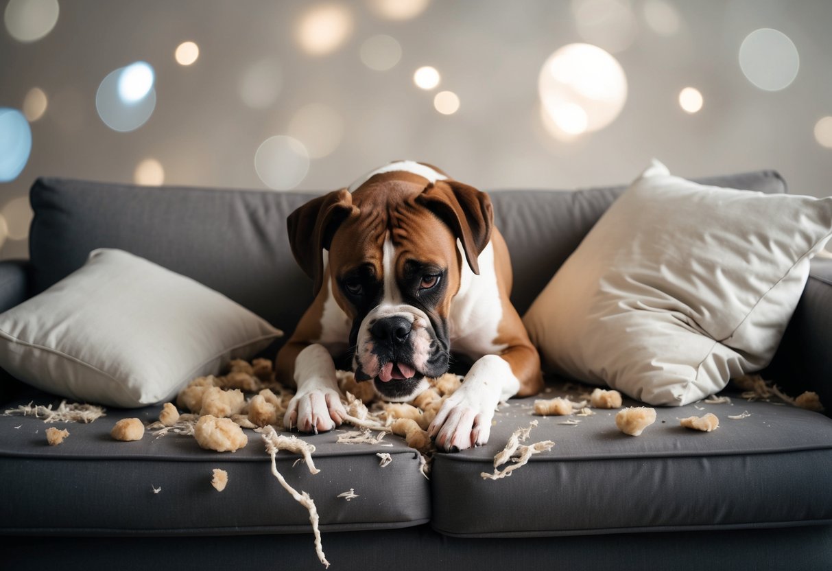 A boxer dog chews on a torn-up couch, scattered with shredded pillows and scattered stuffing