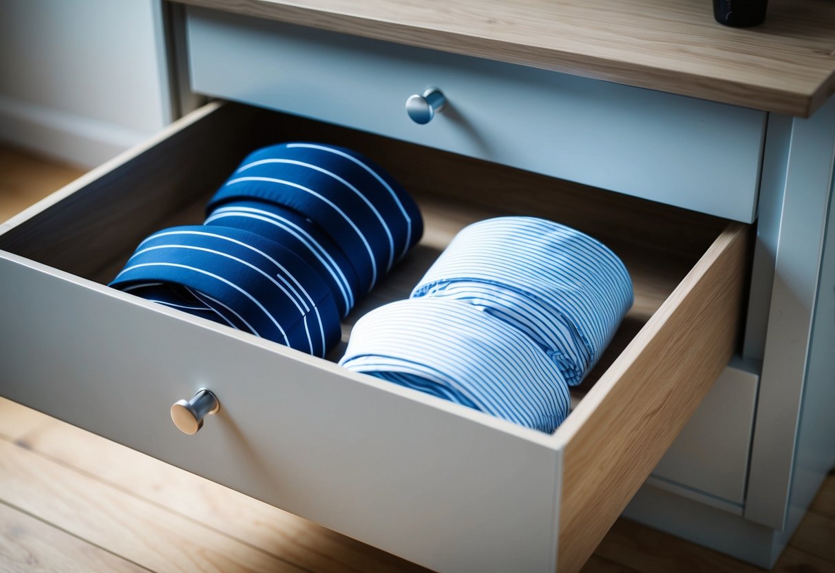 A man's underwear drawer with neatly folded boxers