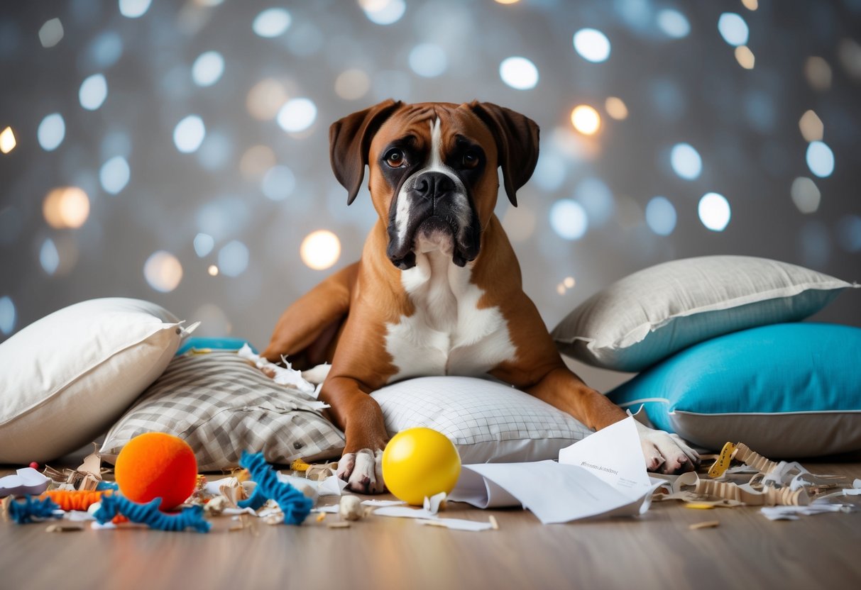 A boxer dog surrounded by torn pillows, chewed up toys, and shredded papers