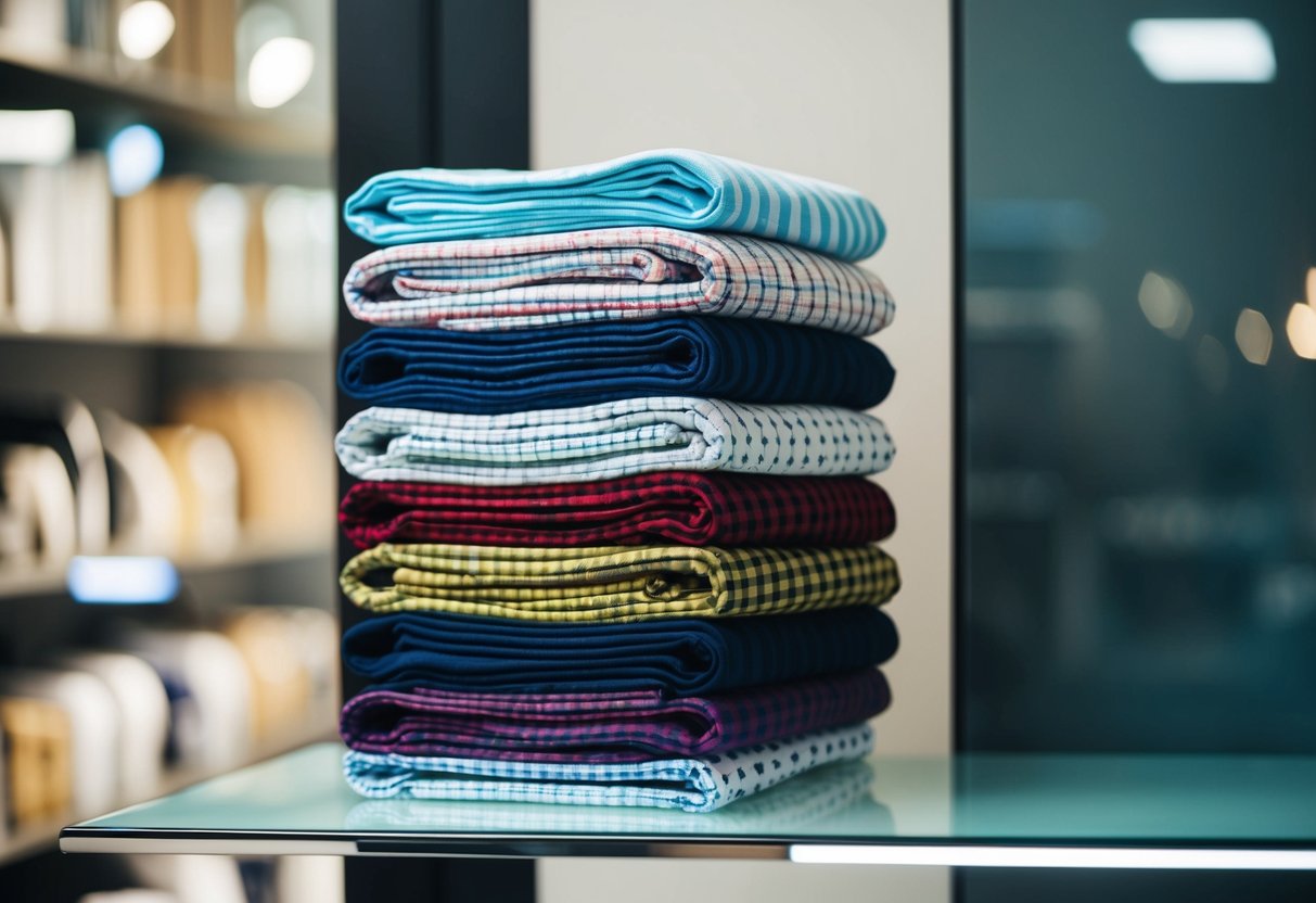 A neatly folded stack of boxers in various colors and patterns, displayed on a sleek, modern shelf