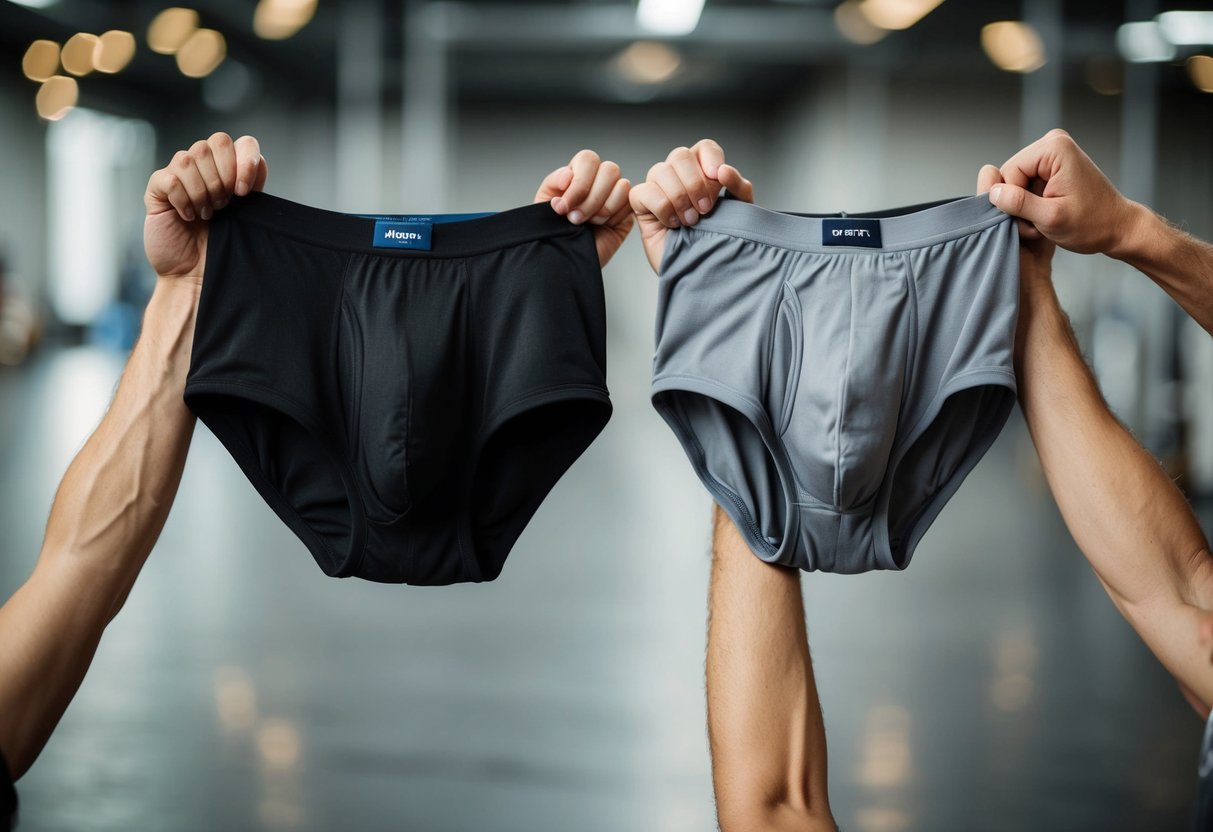 Two sturdy and practical boxer briefs, one in black and one in grey, are being stretched and pulled to demonstrate their durability