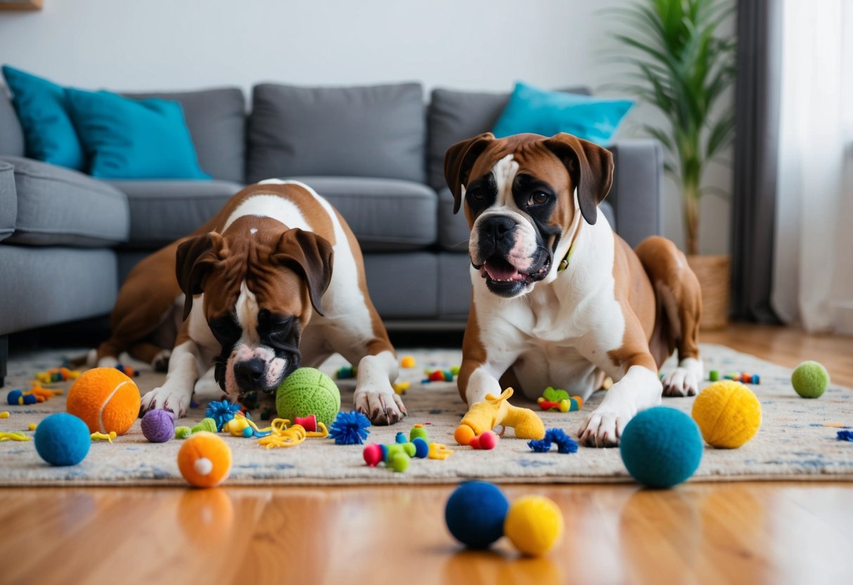 Two boxer dogs tear apart a living room, chewing on furniture and scattering toys and pillows across the floor