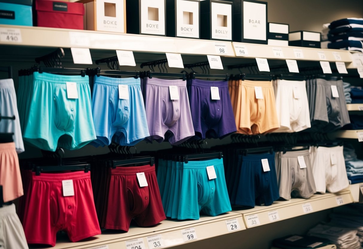 A variety of boxers in different colors and styles displayed on shelves with price tags