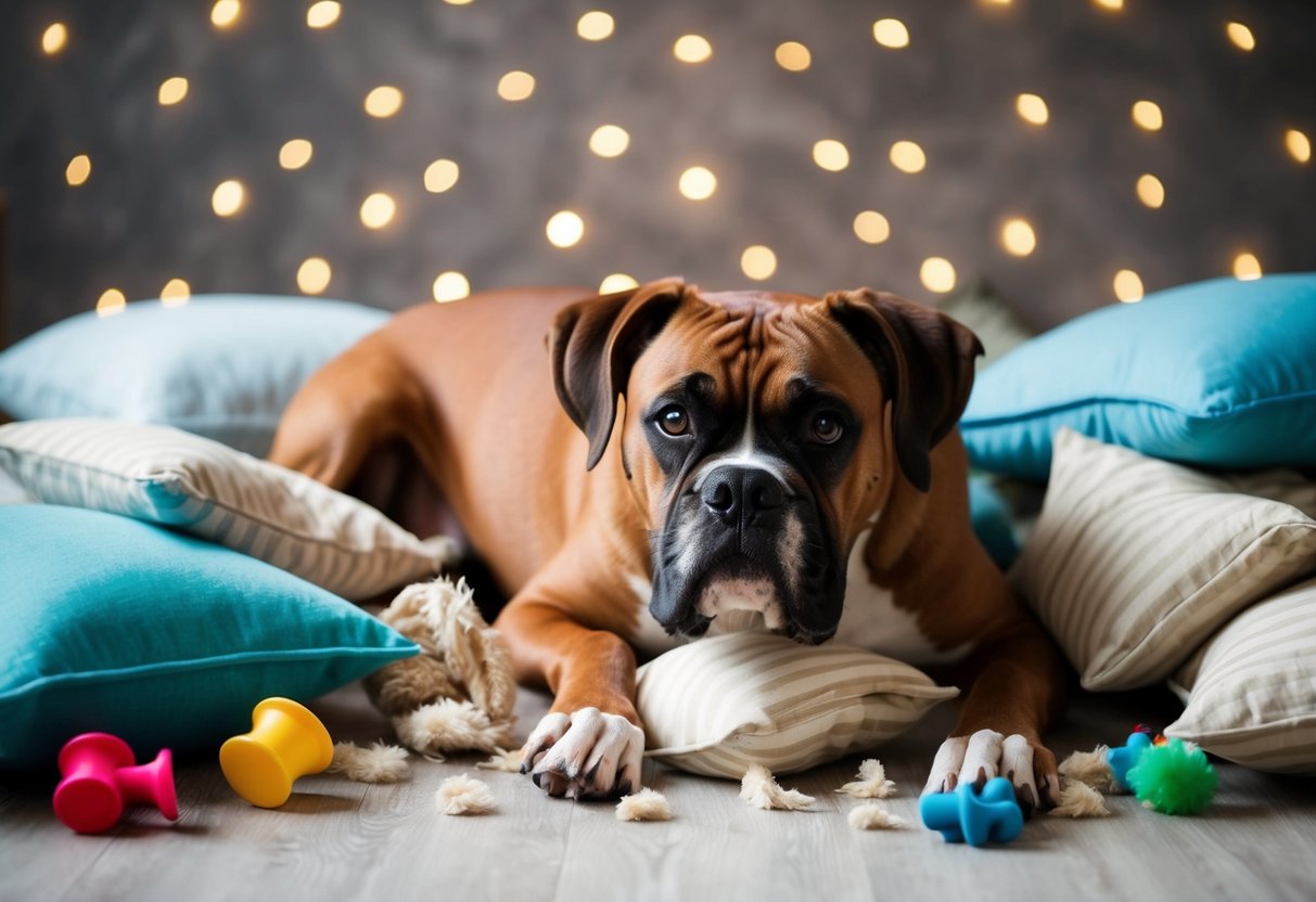 A boxer dog surrounded by torn up pillows and chewed toys