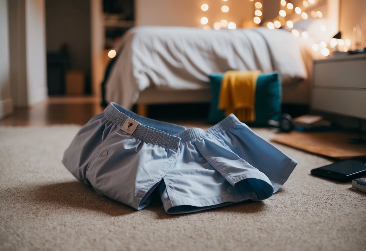 A pair of boxers tossed casually on a cluttered bedroom floor