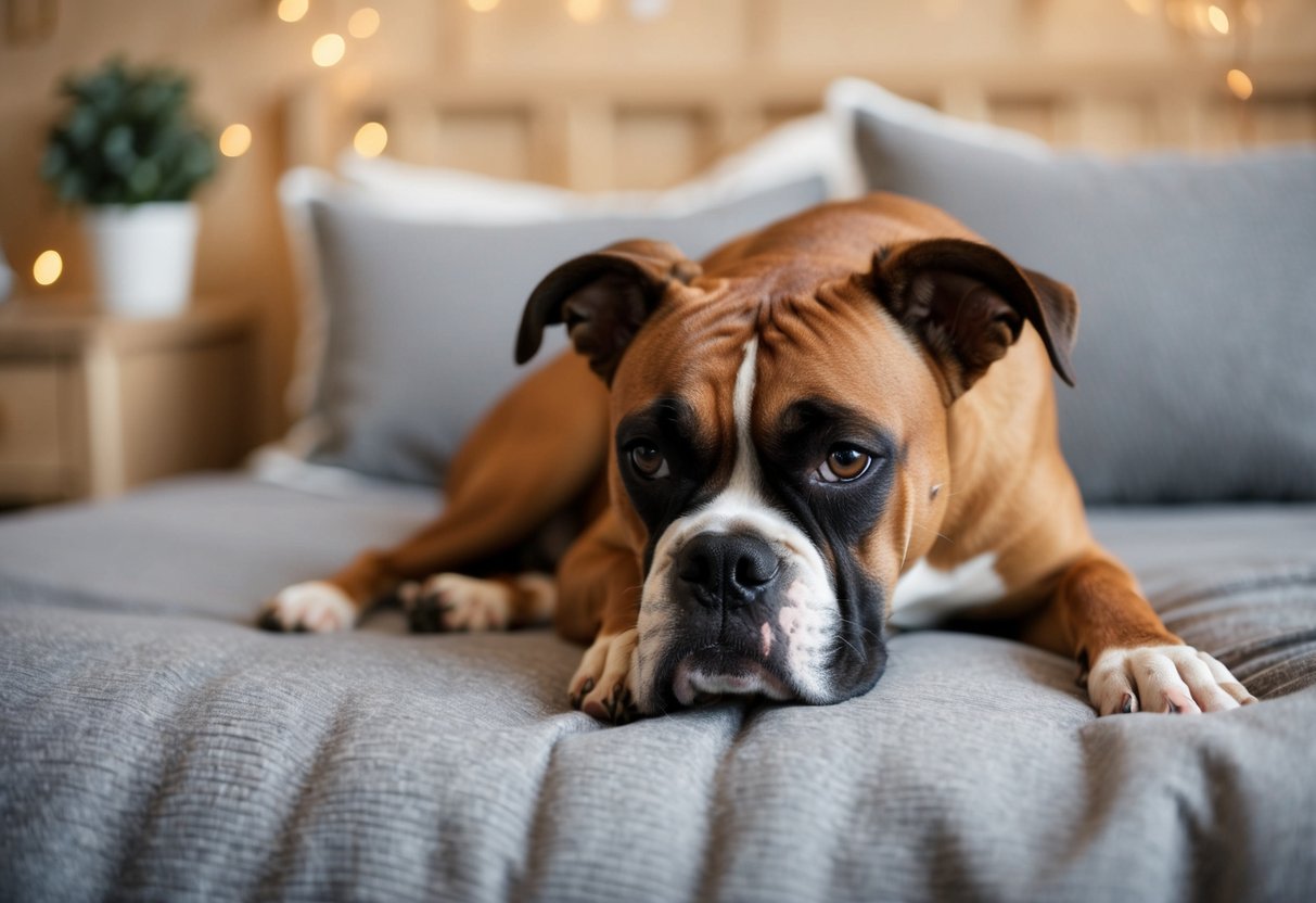 A boxer dog lounging on a cozy bed, with a relaxed expression and minimal grooming needs, showcasing its low-maintenance characteristics