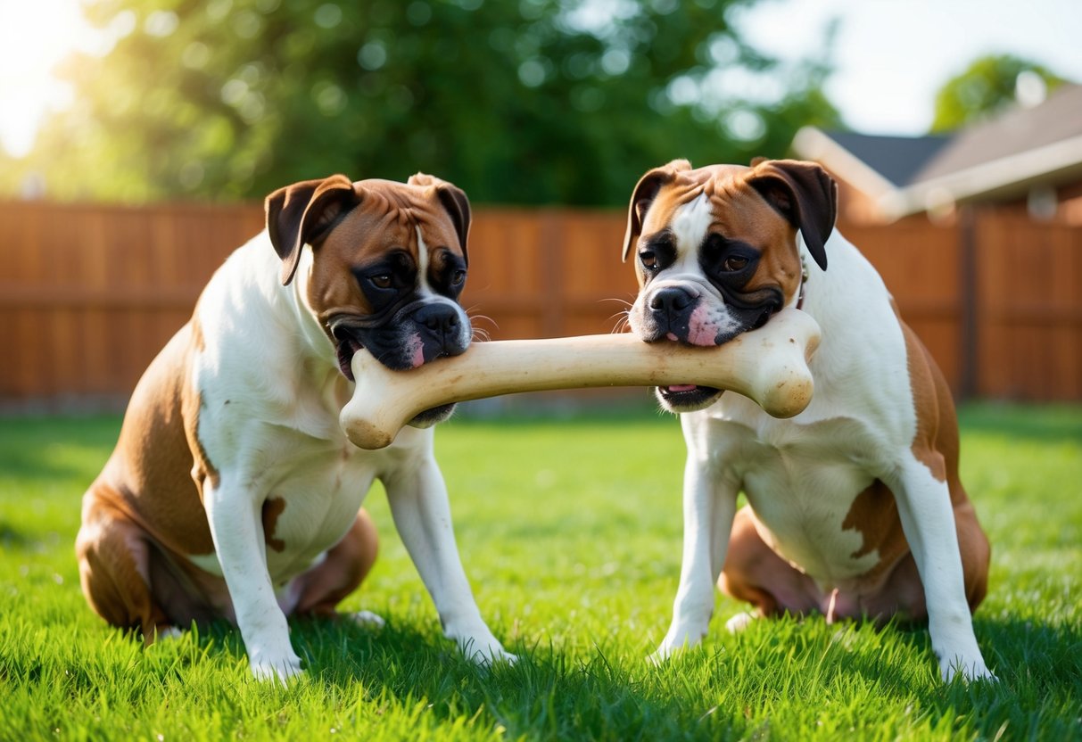 Two boxers playfully chewing on a large bone in a sunny backyard