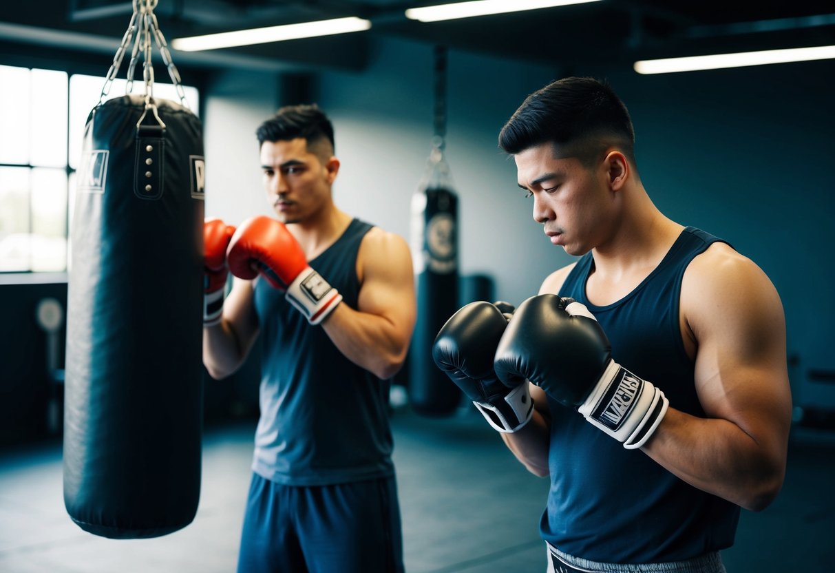 Two boxers in a gym, one training with a punching bag while the other is checking and adjusting their boxing gloves