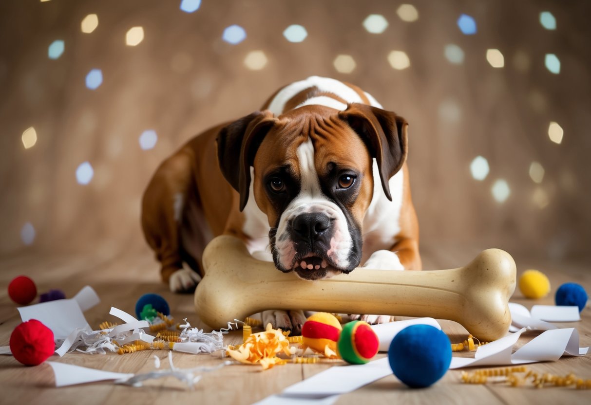 A boxer dog chews on a large bone, surrounded by scattered toys and shredded paper