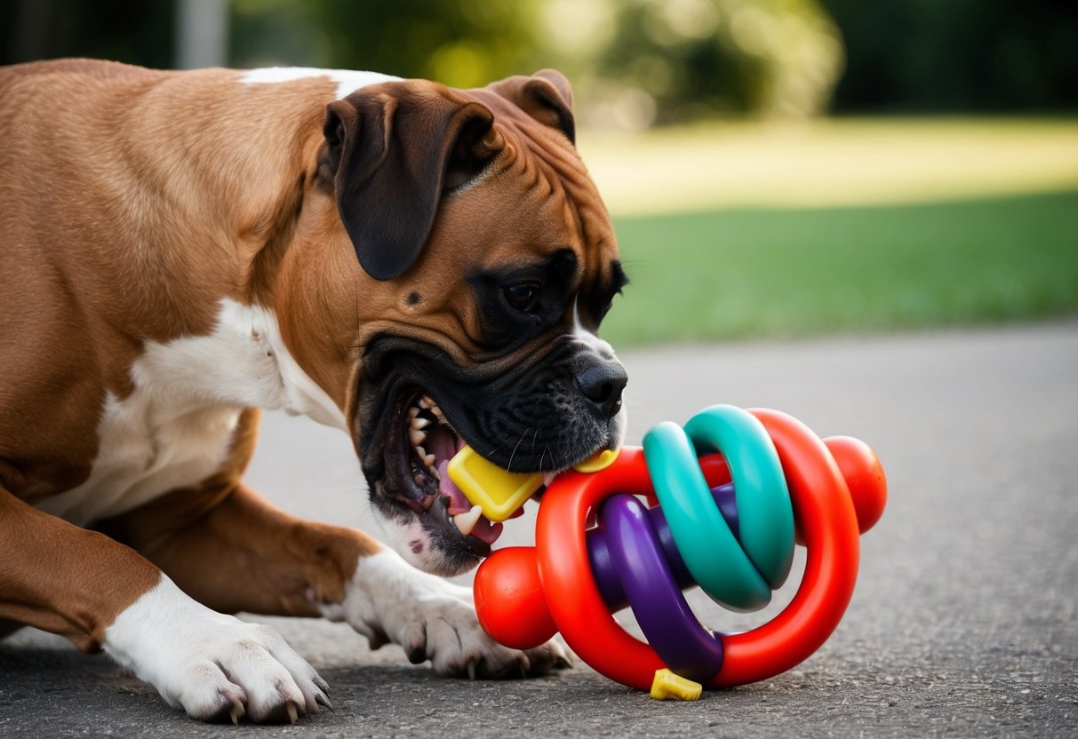 A large, muscular boxer dog gnaws on a hefty chew toy, its powerful jaws working vigorously