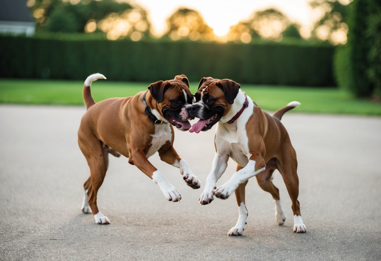 Two boxers playfully tussle in a spacious yard, their tails wagging and tongues lolling. They chase each other and wrestle, exuding energy and excitement