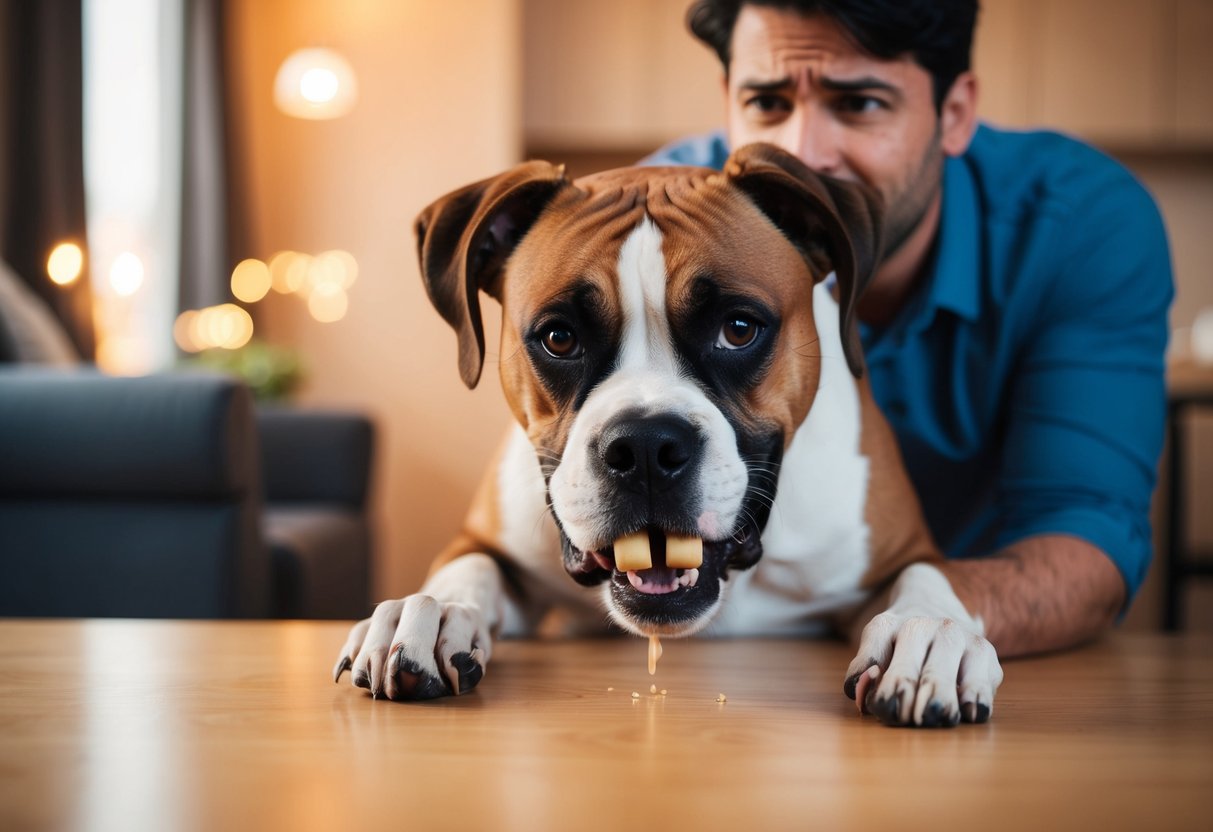A boxer dog chewing on furniture while the owner looks frustrated