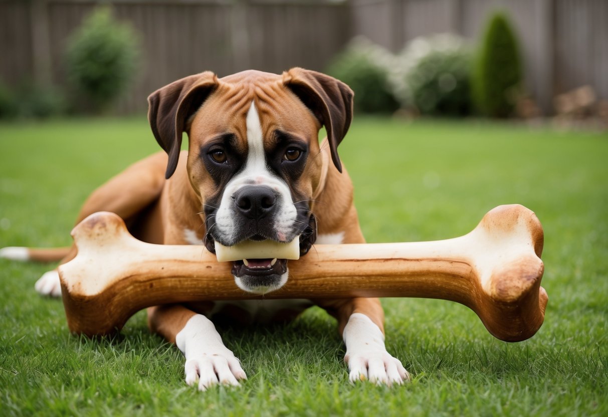 A boxer dog chewing on a large bone in a spacious backyard
