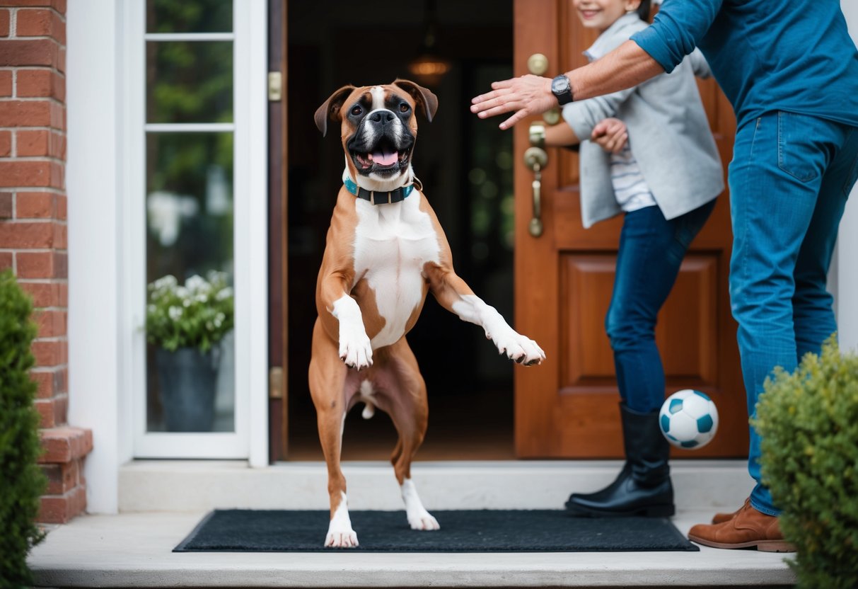A boxer dog eagerly greets a family at the front door, wagging its tail and playfully jumping up to be petted