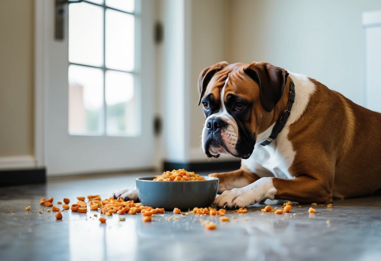A boxer dog with food splattered around its bowl and scattered on the floor