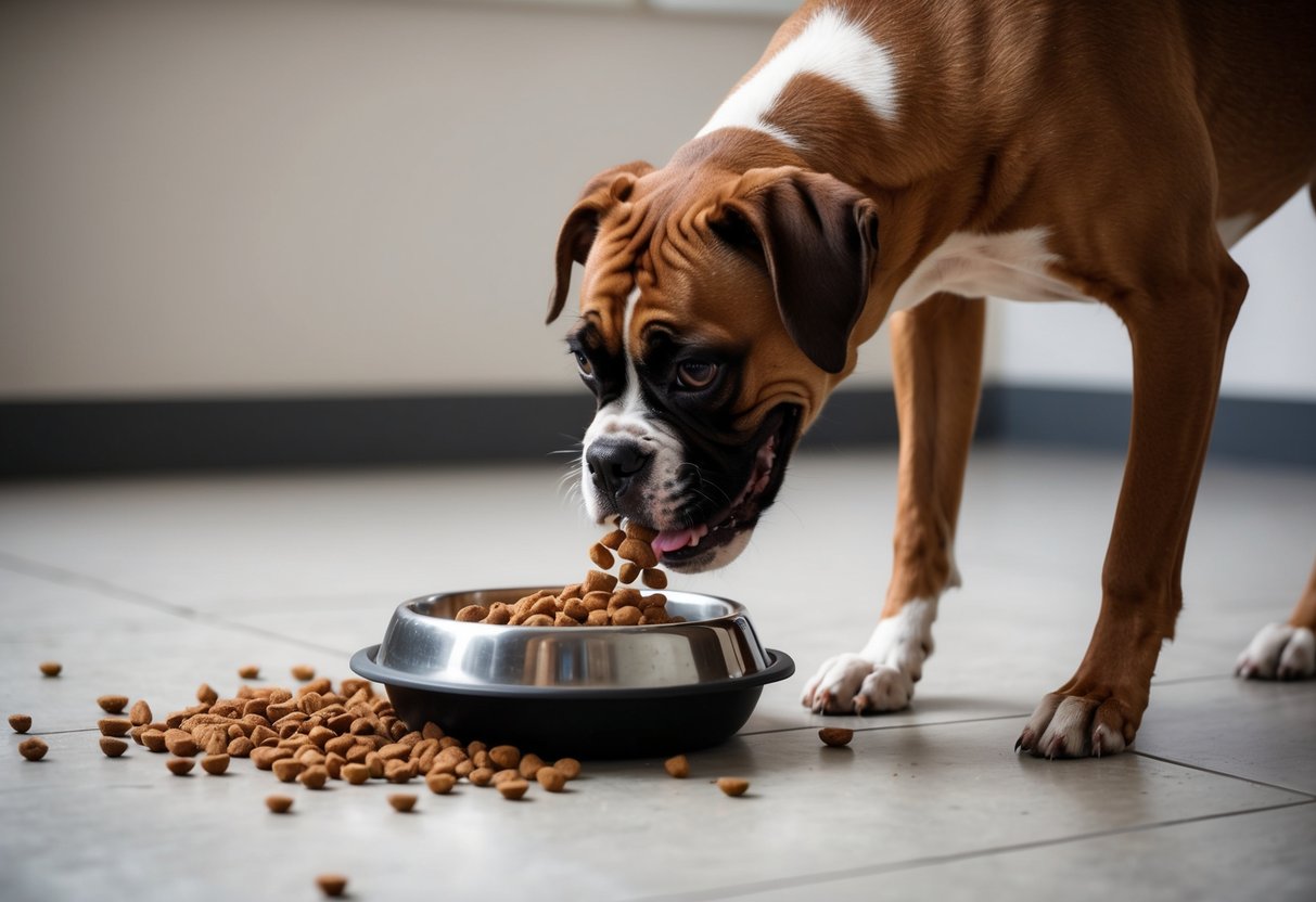 A boxer dog enthusiastically eats from a food bowl, scattering kibble on the floor