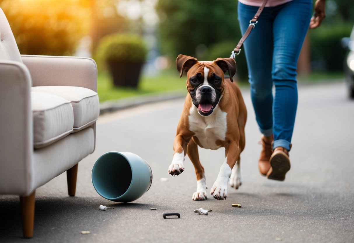 A boxer dog barking and jumping on furniture, knocking over objects, and pulling on a leash during a walk
