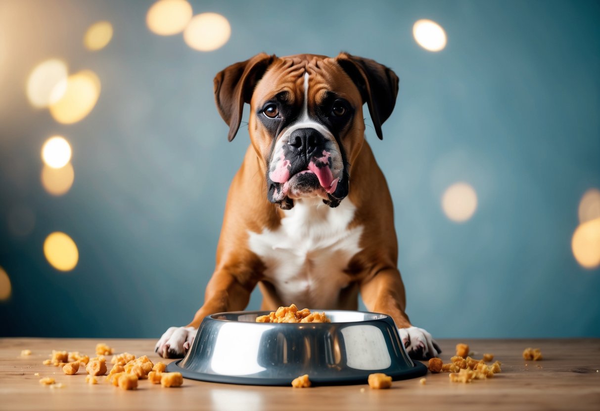 A boxer dog stands in front of a food bowl, with bits of food scattered around and a messy, slobber-covered face