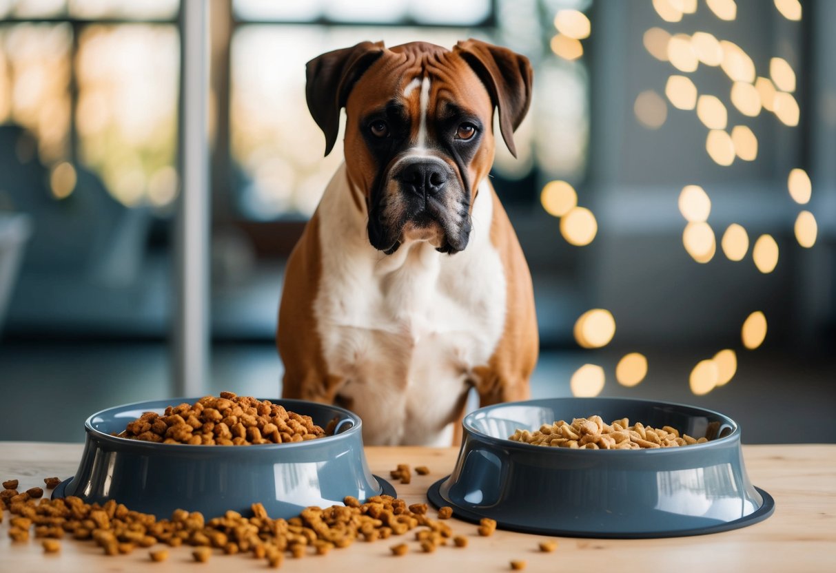 A boxer dog stands in front of two food bowls, one filled with messy, scattered kibble and the other with neatly eaten food