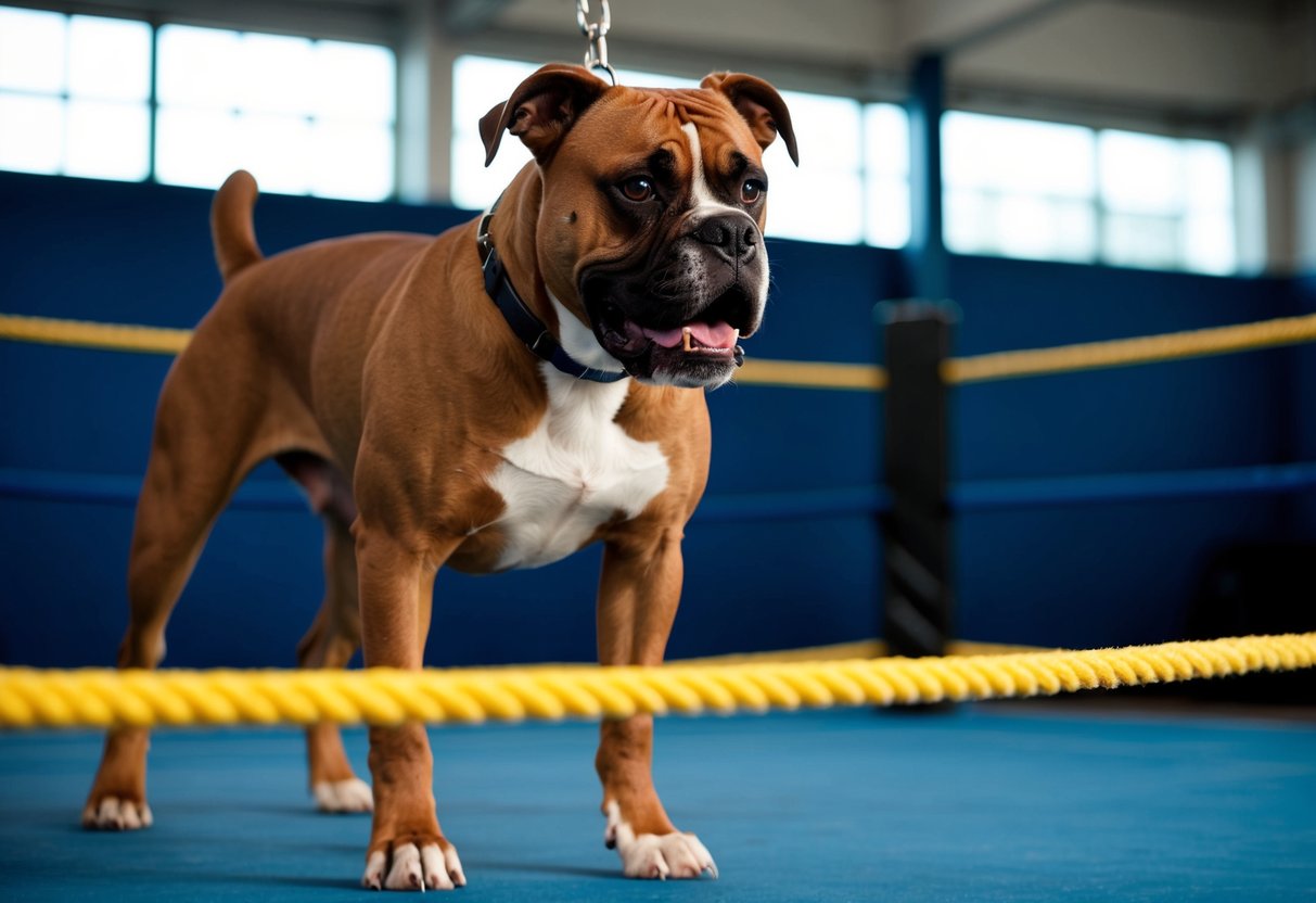 A muscular boxer dog eagerly follows commands in a training ring, focused and determined