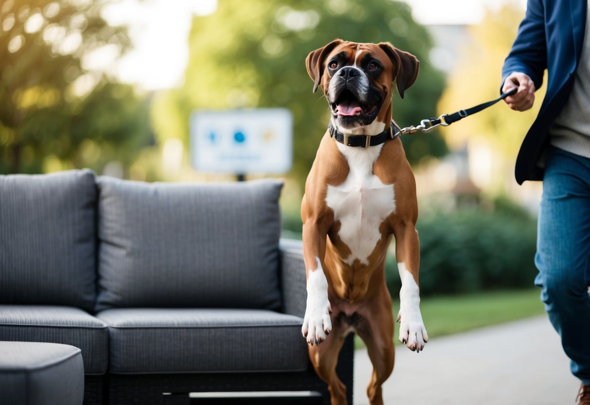 A boxer dog jumping on furniture, barking at strangers, and pulling on the leash during a walk