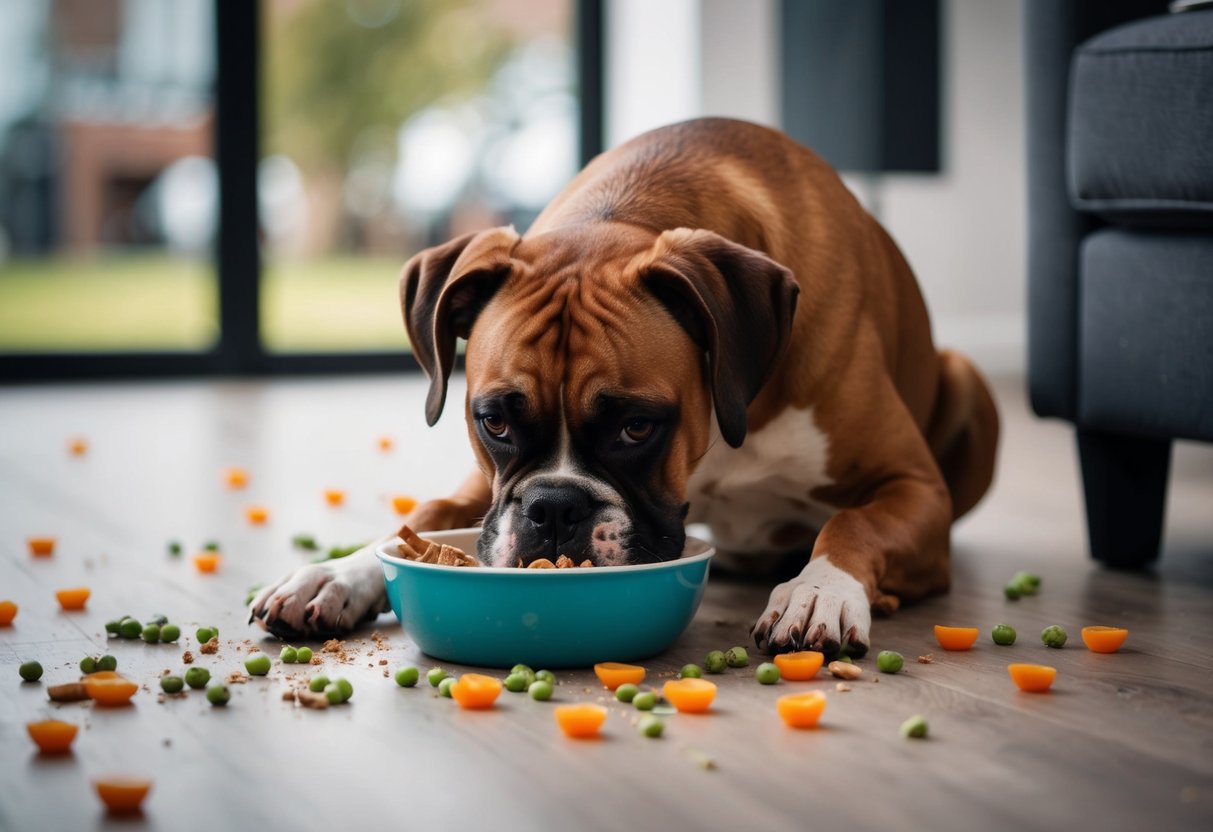 A boxer dog with a messy eating area, food scattered around the bowl, and slobber on the floor