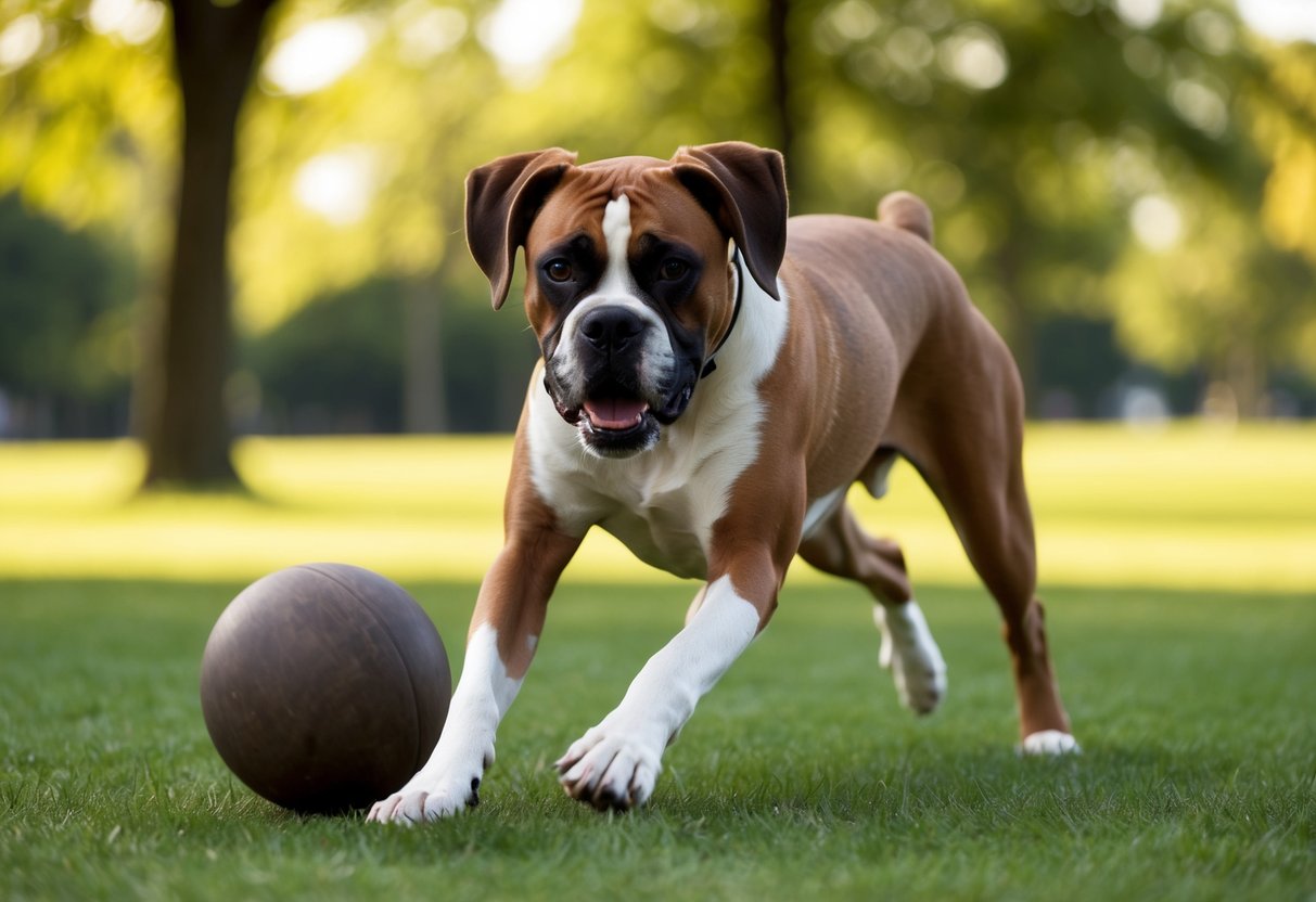 A boxer dog eagerly fetching a ball in a park, with a focused and determined expression on its face