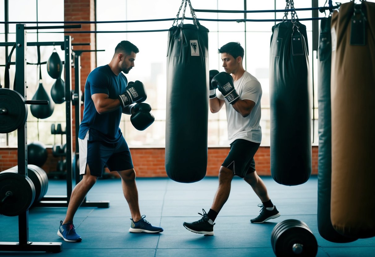 A boxing gym with a mix of heavy bags, speed bags, and weightlifting equipment. A trainer oversees a boxer practicing footwork and a balanced routine