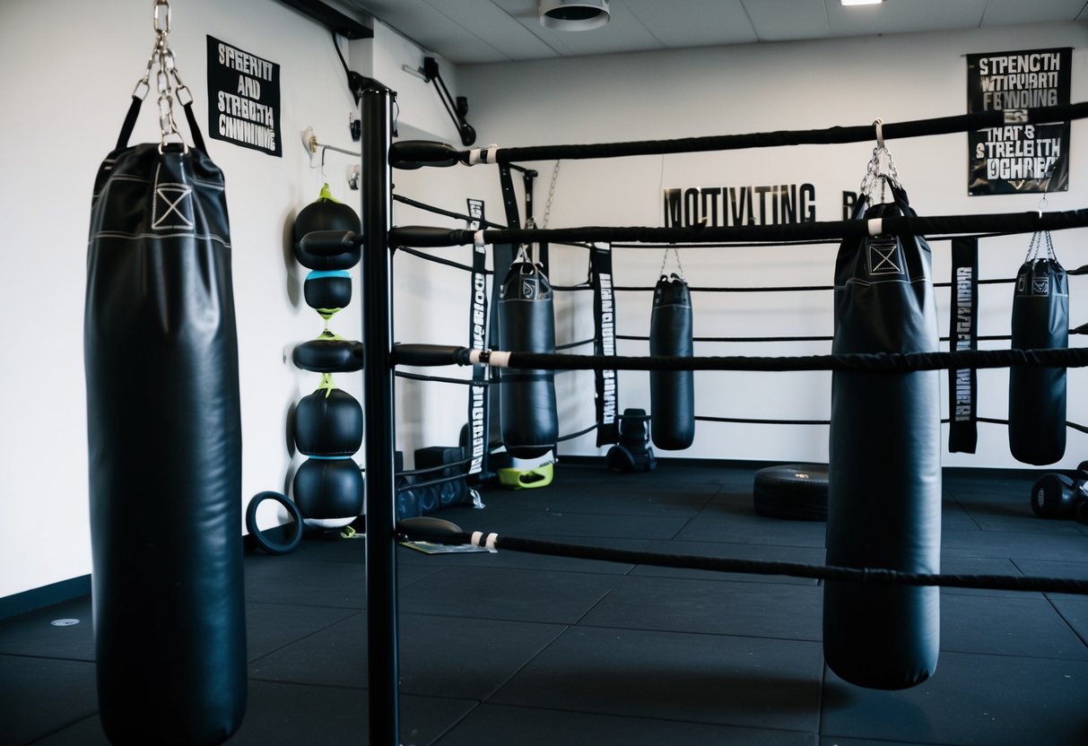A boxing gym with heavy bags, speed bags, and a ring, surrounded by motivational posters and equipment for strength and conditioning