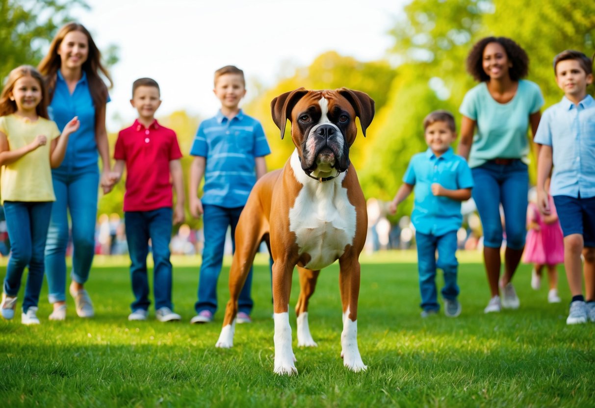 A boxer dog stands proudly, tail wagging and ears alert, surrounded by adoring children and adults in a lively park setting
