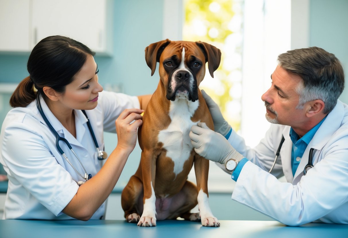 A boxer dog sits calmly beside a veterinarian, receiving a check-up. The vet examines the dog's ears while the owner looks on with concern