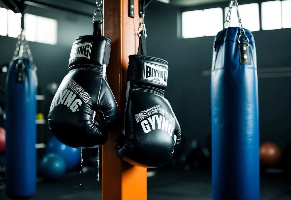 Boxing gloves and punching bag in a dimly lit gym, with sweat dripping and heavy breathing
