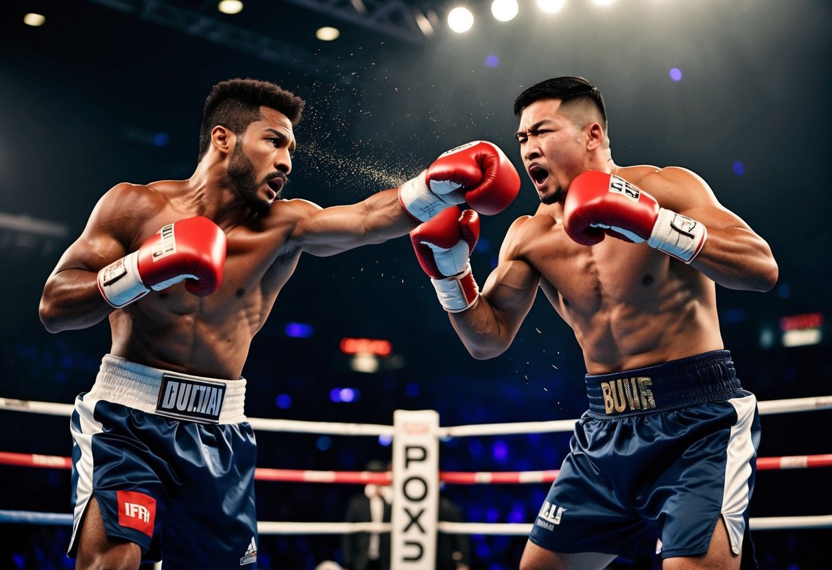 A boxing ring filled with intense energy as two fighters unleash powerful punches and grunts, creating a symphony of raw power and determination