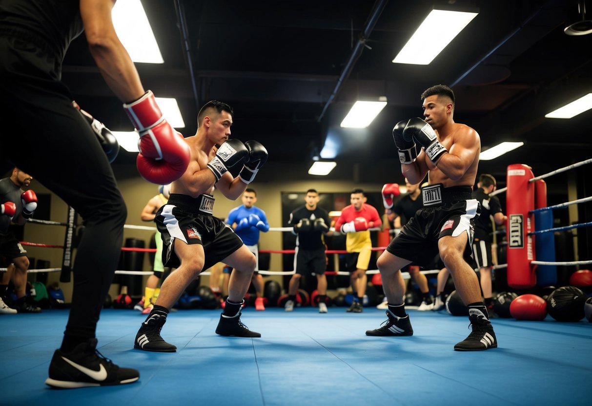 A boxing gym filled with intense energy as fighters train, gloves hitting heavy bags, feet shuffling on the floor, and the sound of grunts and heavy breathing filling the air