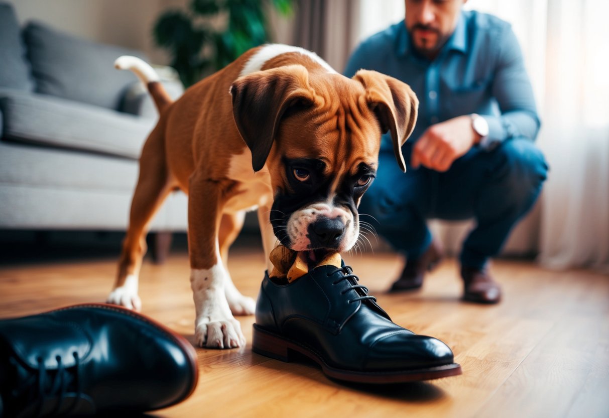 A mischievous boxer puppy chews up a pair of expensive shoes, while the owner looks on in frustration