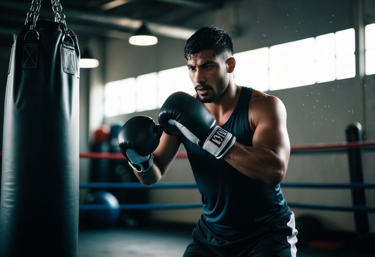 A boxer training in a dimly lit gym, focused and determined, sweat glistening under the harsh lighting. The sound of gloves hitting a punching bag echoes through the space