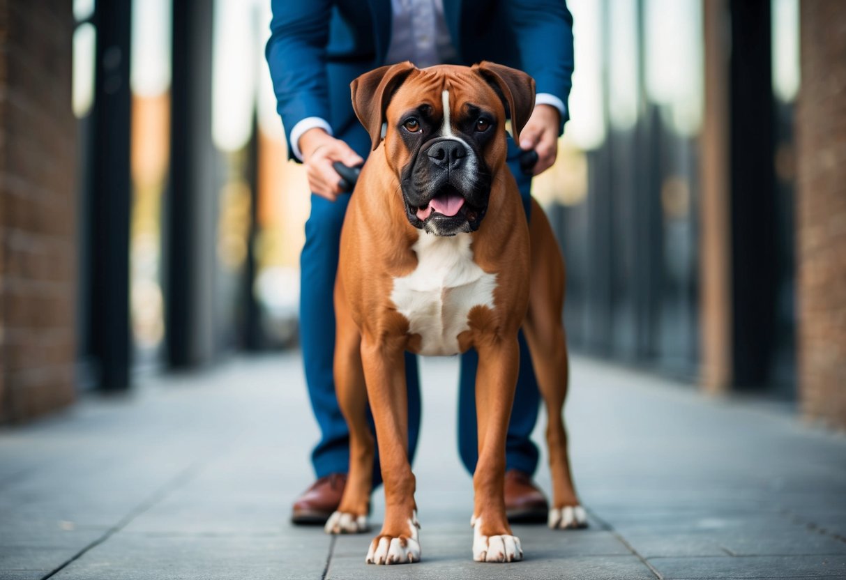A boxer dog standing protectively in front of its owner, with a fierce and alert expression, ready to defend them
