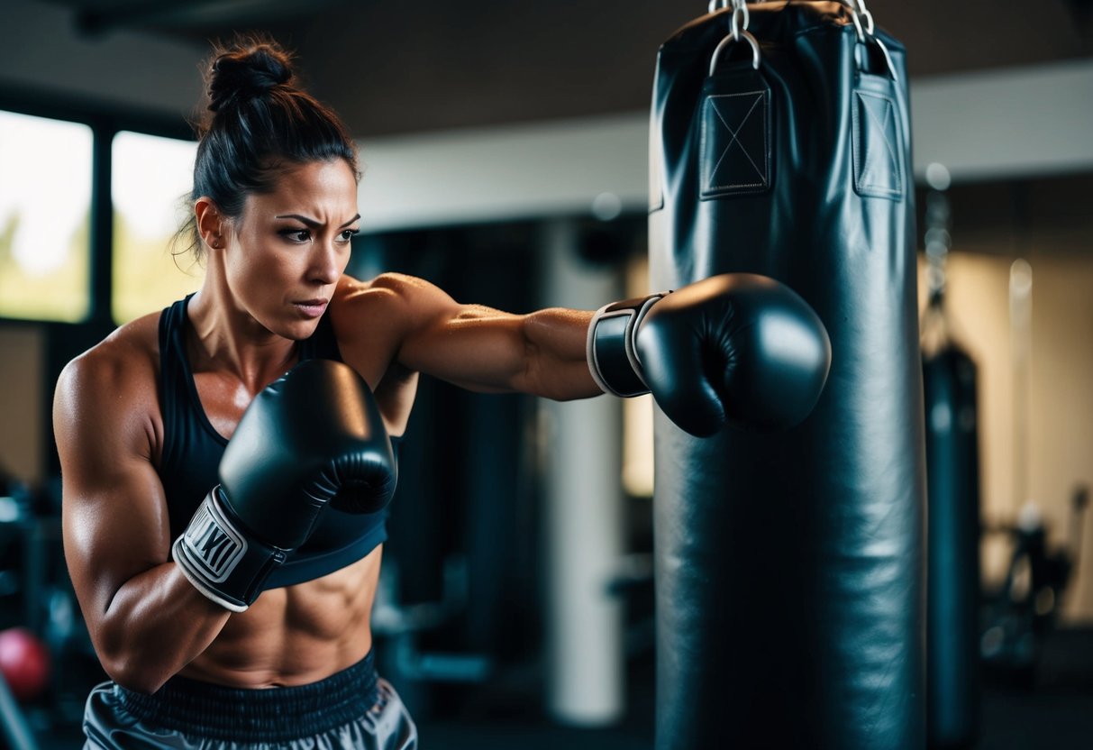 A boxer training in a gym, throwing powerful punches at a punching bag, sweat glistening on their brow, muscles tensing with each movement