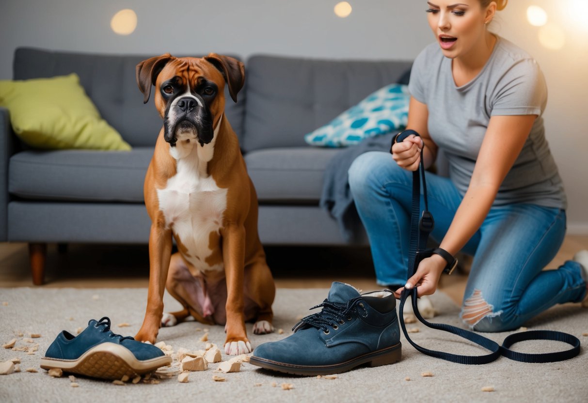 A Boxer dog sits next to a chewed-up shoe, while a torn couch cushion lies nearby. A frustrated owner holds a shredded leash