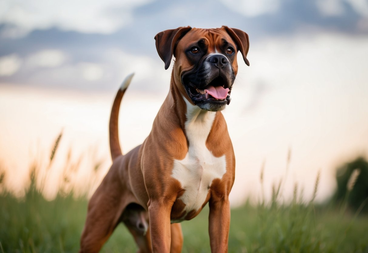A boxer dog standing alert, ears perked, and tail wagging, showing signs of excitement and loyalty towards its owner