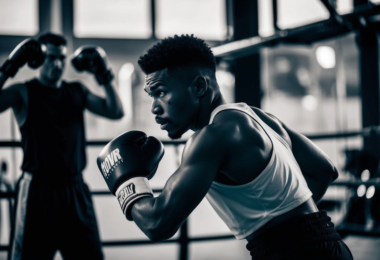 A boxer's intense focus and physical exertion, accompanied by a sense of empowerment and accomplishment after a challenging training session