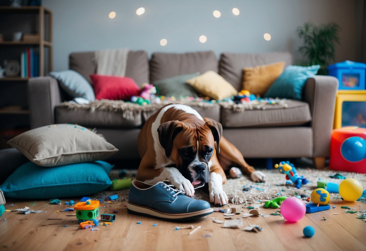 A cluttered living room with torn couch cushions and scattered toys, a mischievous boxer dog chewing on a shoe