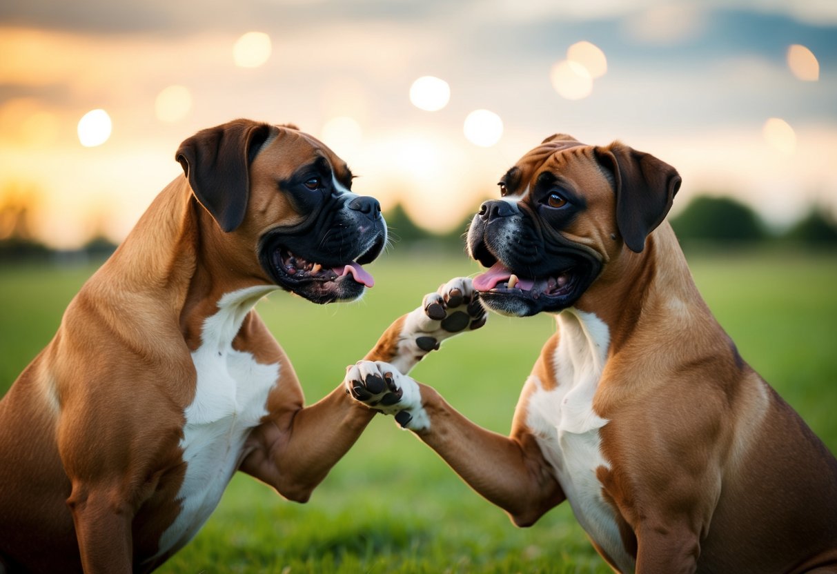 Two boxers playfully interact with their owner, showing signs of obedience and affection