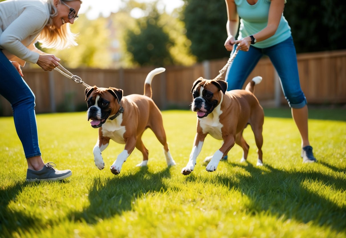 Two playful boxers, Exercise and Mental Stimulation, romp in a sunlit backyard, their tails wagging as they interact with their owner