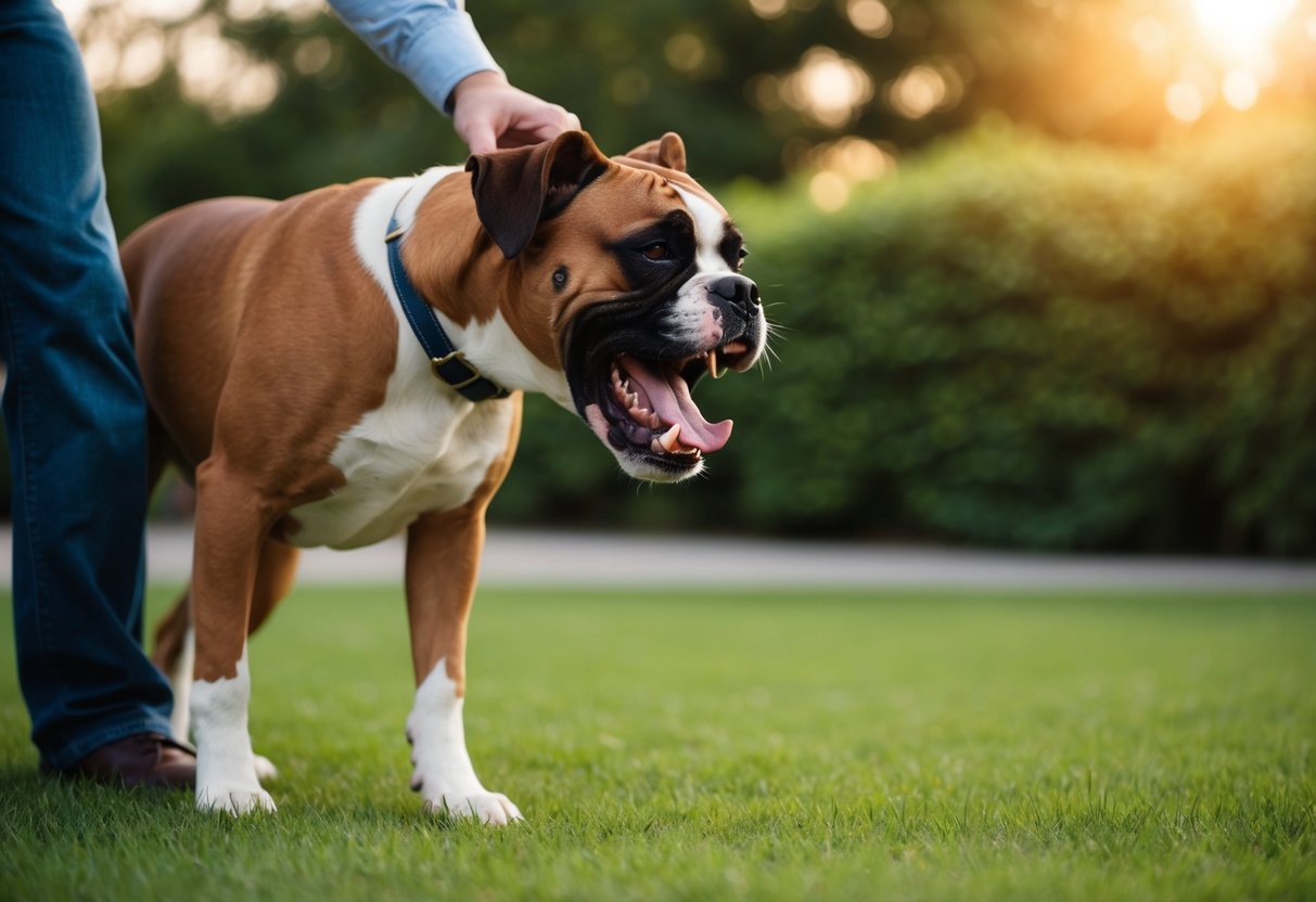 A boxer dog snarls and lunges at its owner, teeth bared and fur bristling