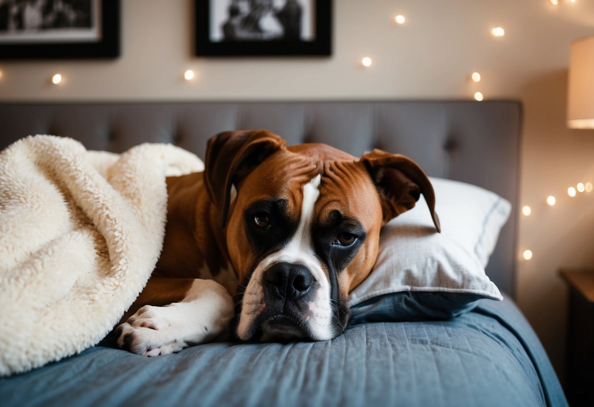 A boxer dog curls up next to its owner, resting peacefully on a cozy bed