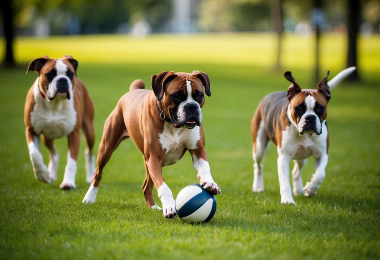 A boxer dog plays with a ball in a grassy park, surrounded by other dogs
