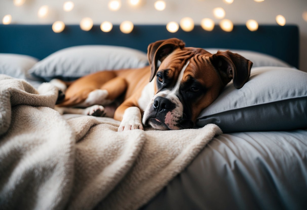 A boxer dog peacefully snoozes next to its owner in a cozy bed, nestled under a soft blanket
