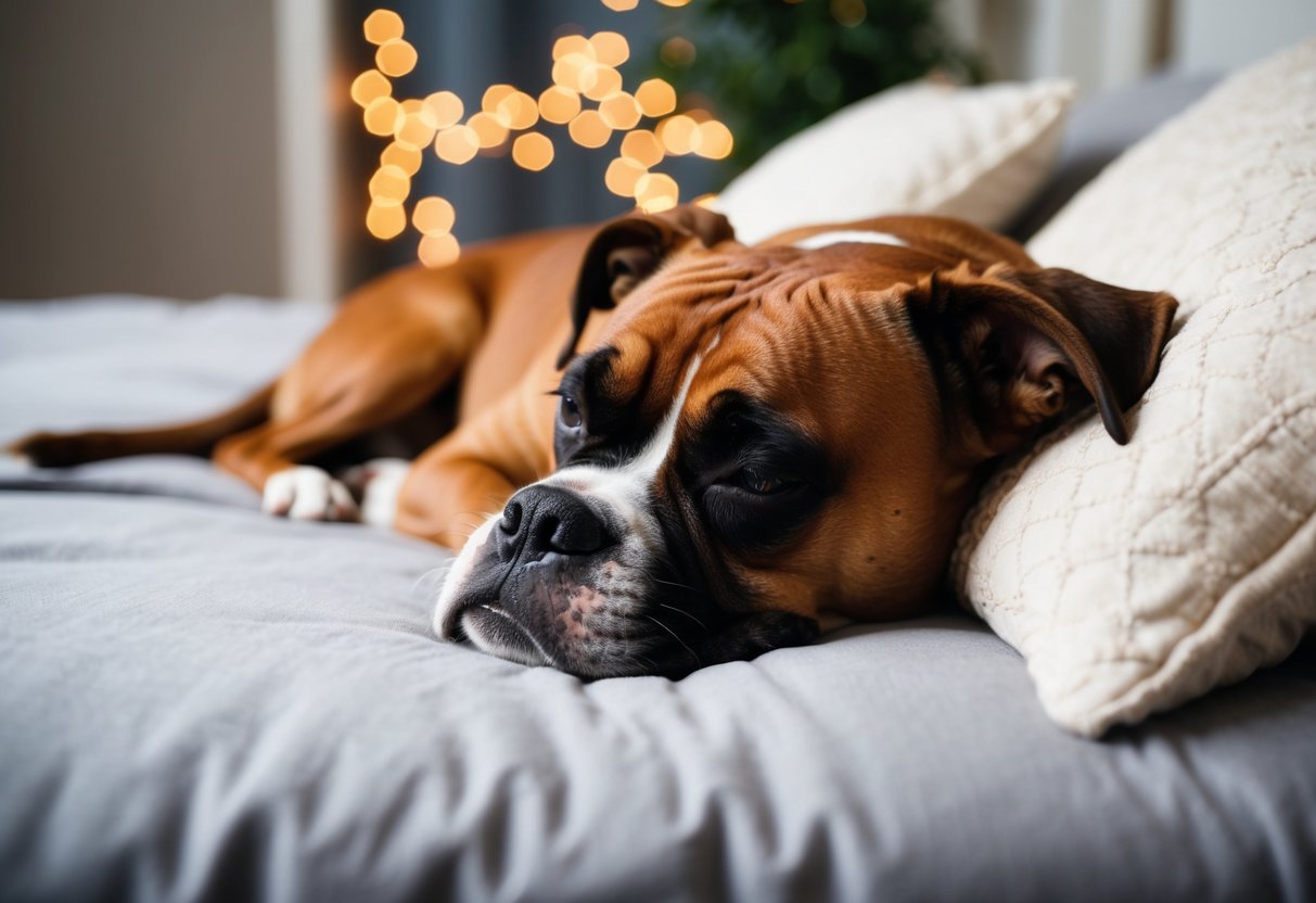 A boxer dog curled up on a cozy bed next to its owner, both peacefully sleeping