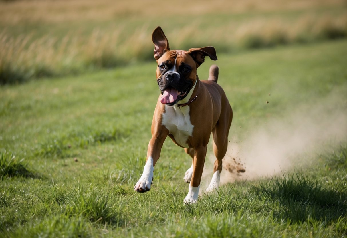A boxer dog runs through a grassy field, tongue lolling, ears flapping in the wind, with a trail of dust behind
